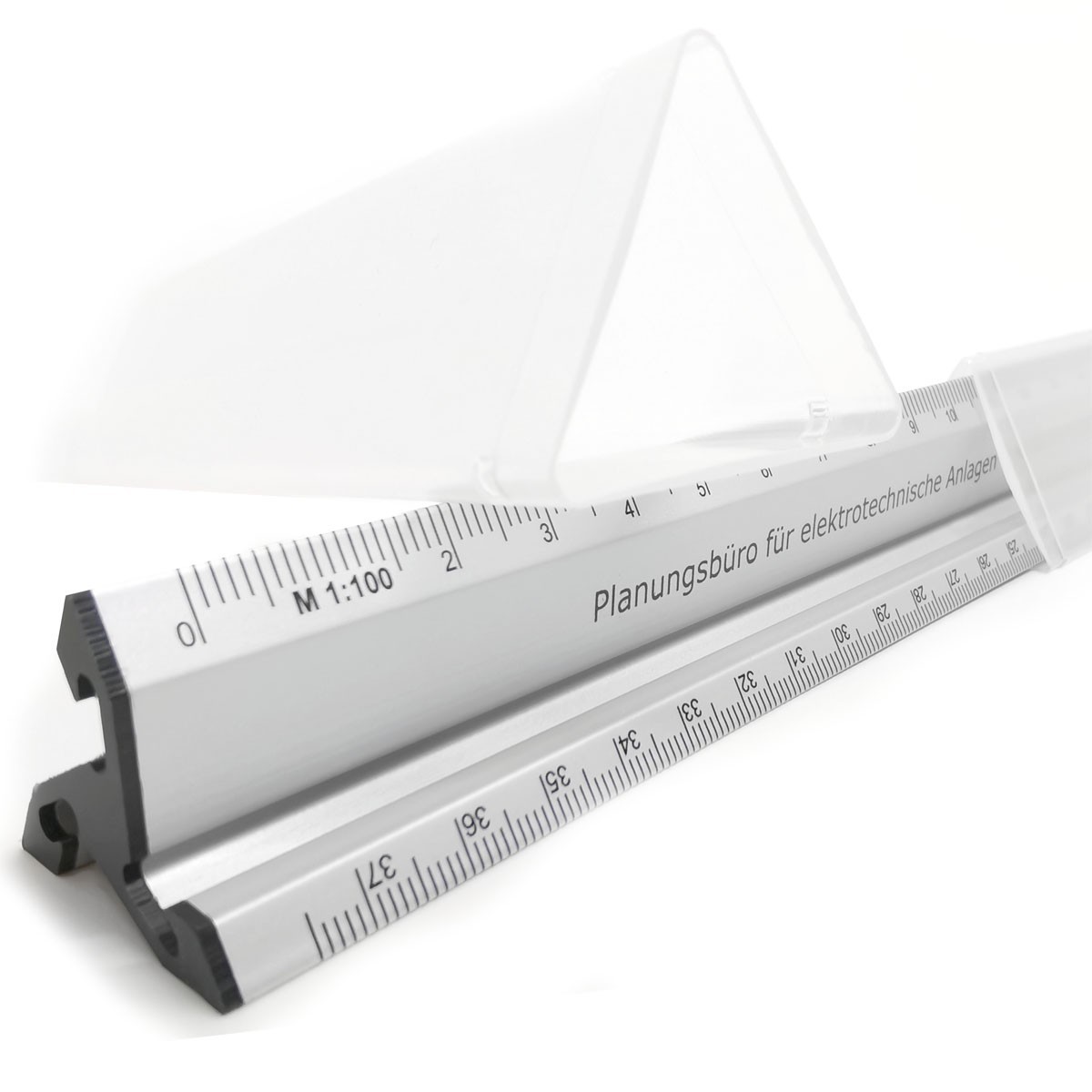 Triangular ruler with protective caps and your advertising message