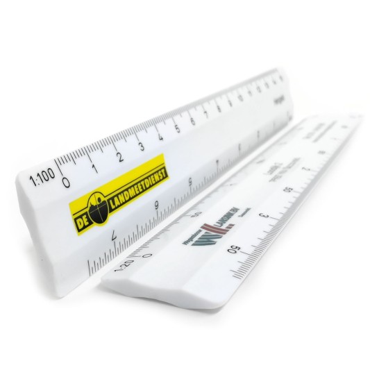 Advertising ruler plastic white profiled with 4 scales as reduction ruler